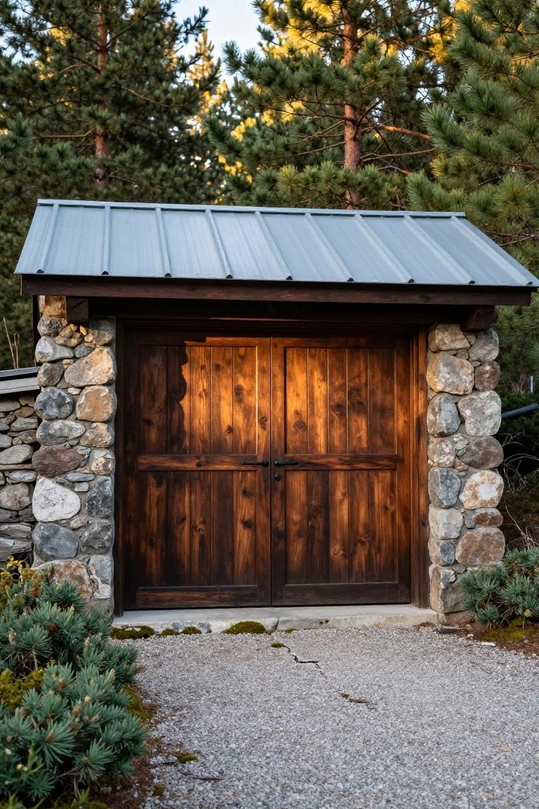 Small detached garage with double brown wooden doors centered between stone side walls, gray metal roof, on gravel path surrounded by pine trees and low green shrubs