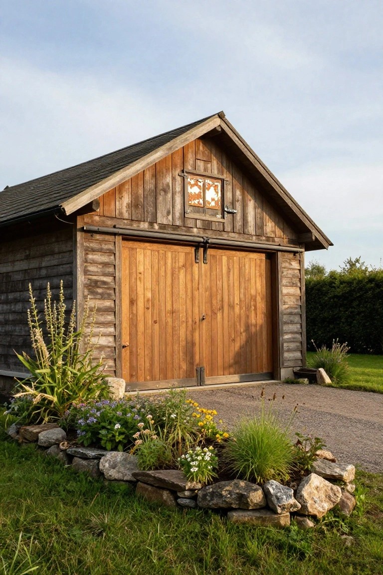 Detached gabled wooden garage with double vertical plank doors, shingle siding, small upper window, stone-bordered flower beds, grasses, and gravel driveway.