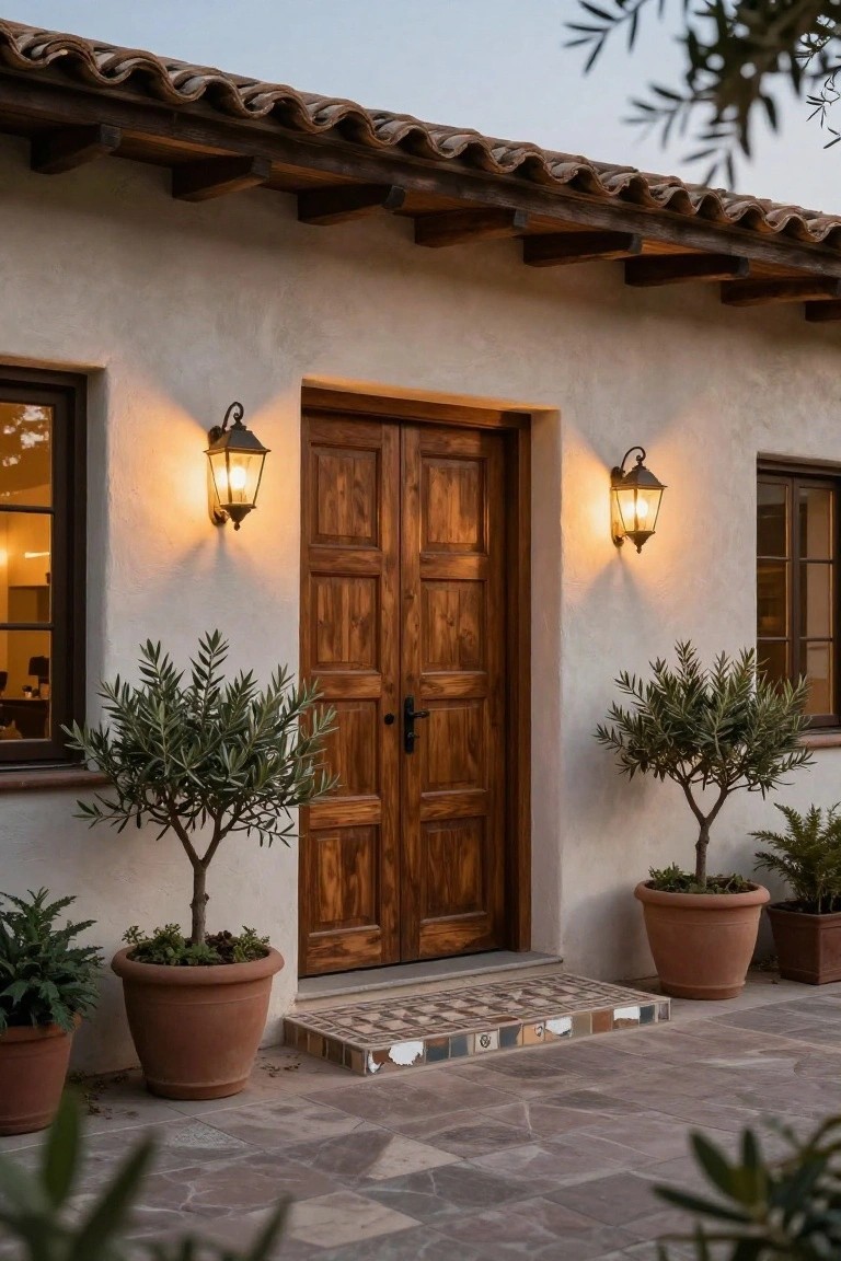 Beige stucco house facade with dark paneled wooden double front door centered between windows, flanked by wall lanterns and potted olive trees on either side, terracotta tile roof, tiled entry step, at twilight.