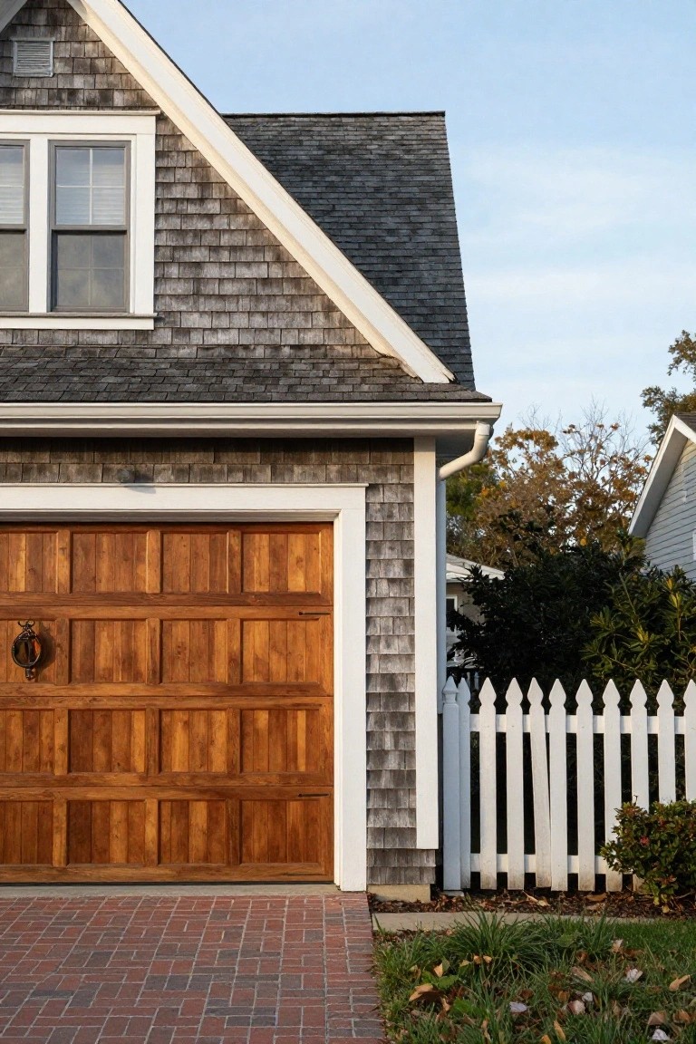Shingle-sided house exterior with wooden paneled garage door, white trim, brick pathway leading to it, picket fence, and shrubs nearby.