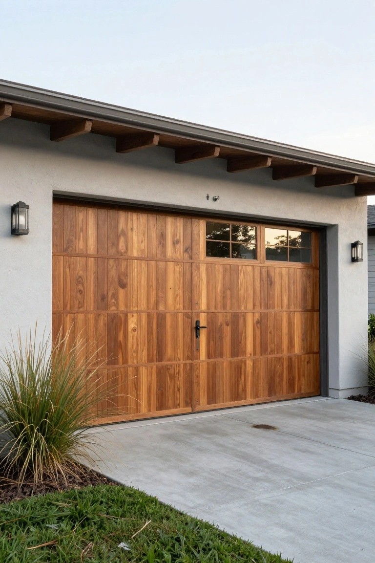 Wooden garage door with vertical planks, glass window, and black hardware on a light gray stucco wall, flanked by black wall lanterns and edged by grass and plants.