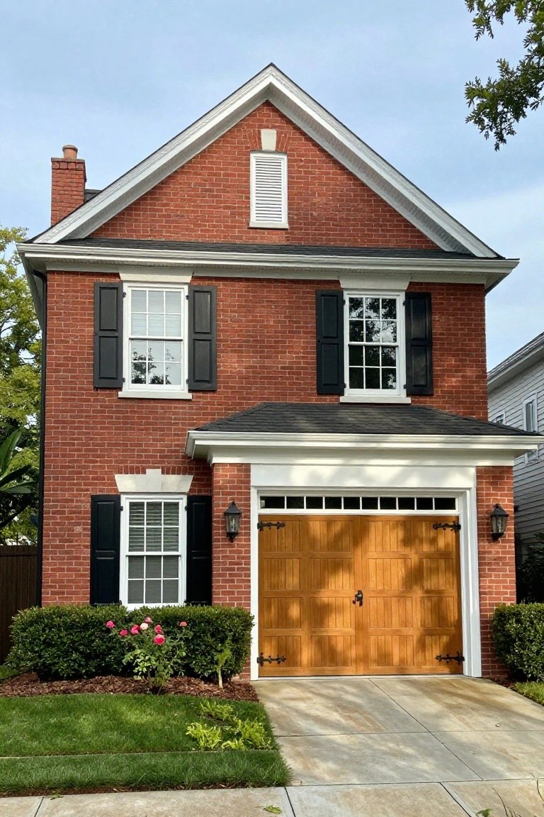 Red brick two-story house with wooden garage doors and black shutters.