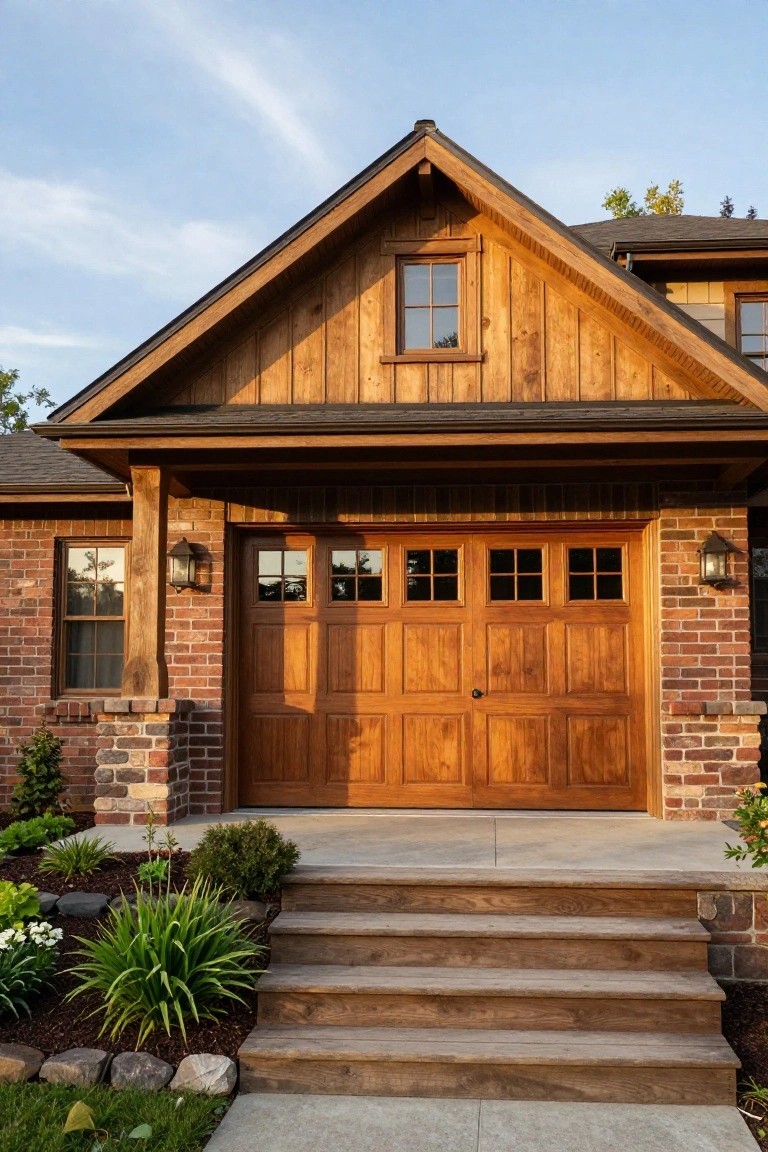 Wooden garage door on brick house with steps and landscaping.