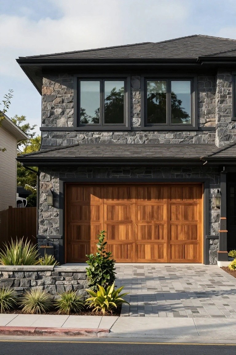 Modern stone house with wooden garage door and landscaped driveway.