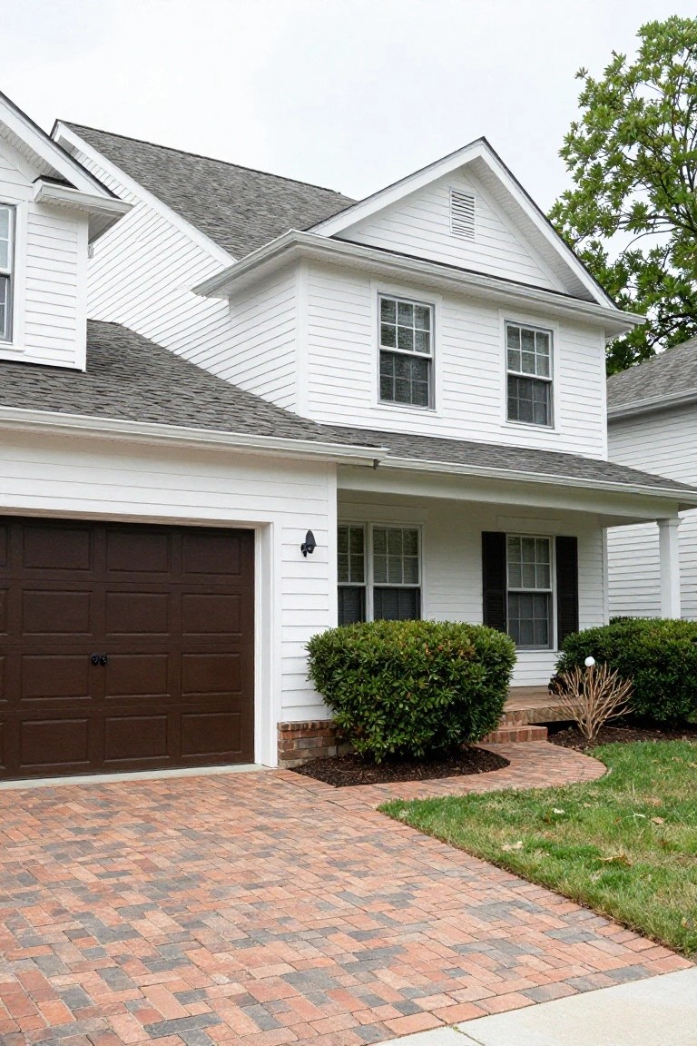 White two-story house with gabled roofline, dark wood double garage door, white siding, brick paver driveway, bushes, and wall lantern.