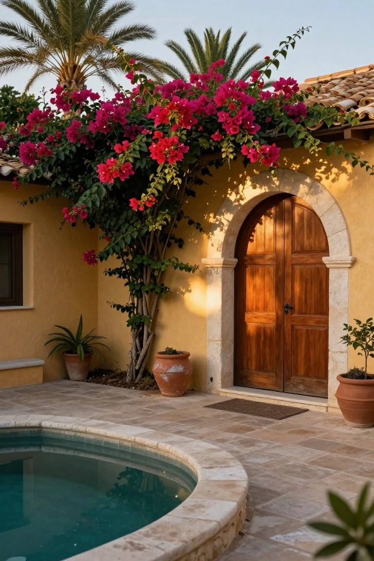 Yellow stucco wall with a tall arched double wooden door partially covered by pink bougainvillea vines, potted plants on either side, and a curved pool edge in the foreground.