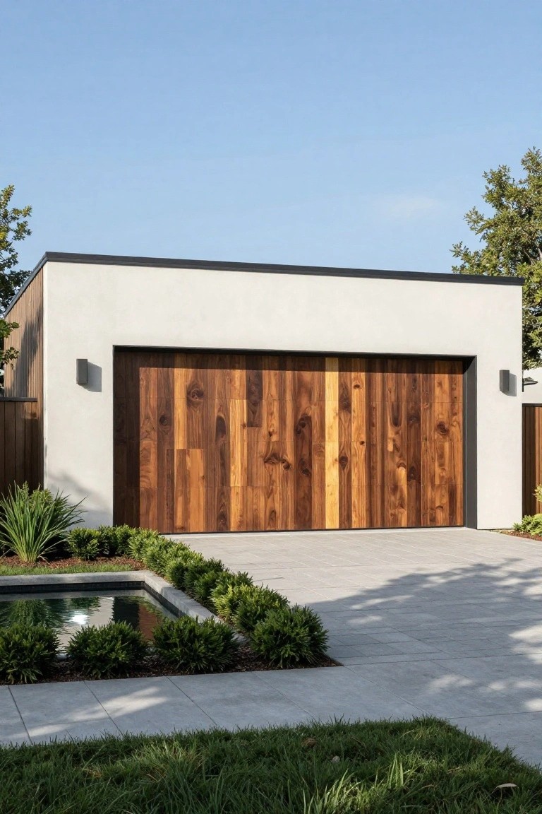 White stucco garage with large double vertical wood plank doors, flanked by black wall lights, concrete driveway, plants, boxwood hedges, and a small rectangular water feature.
