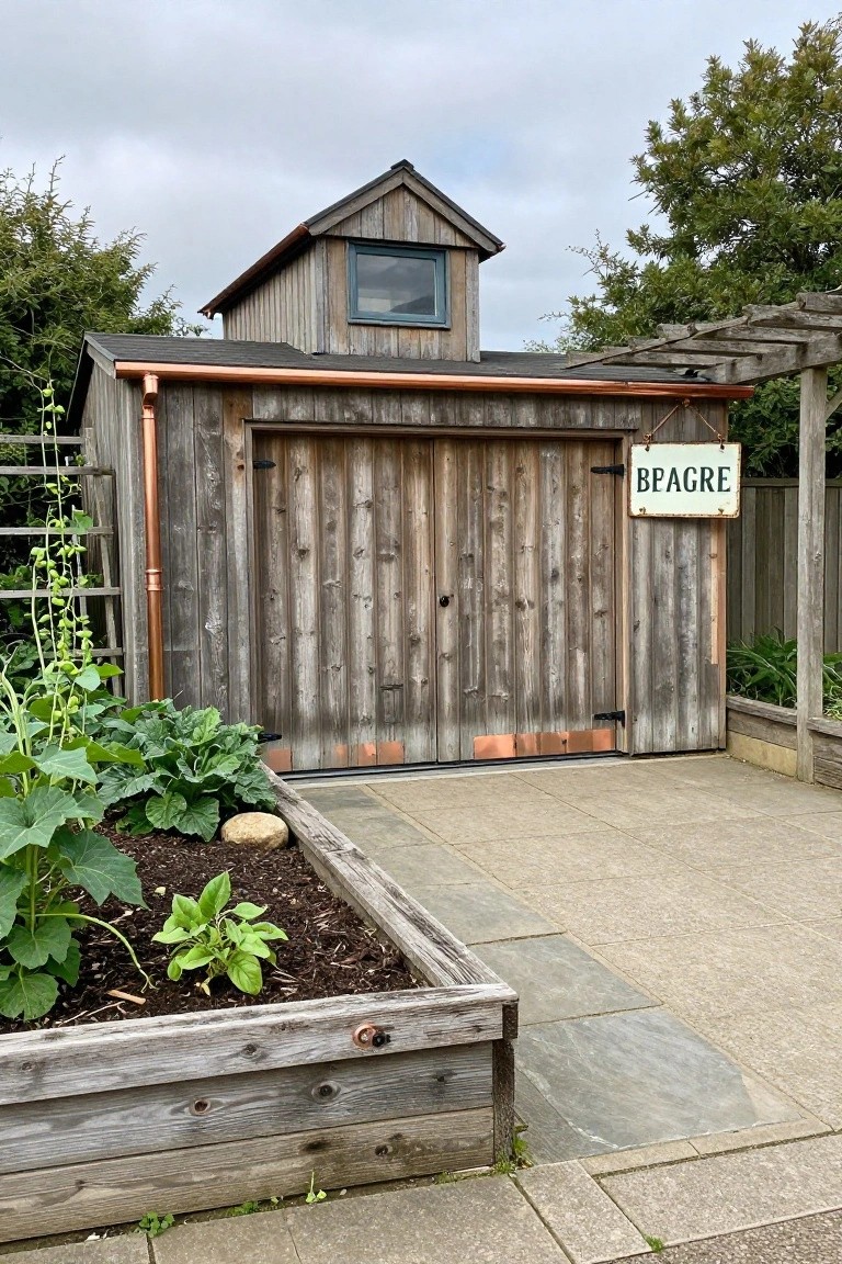 A weathered wood detached garage with double doors, copper trim, and a small upper window, positioned next to a raised wooden garden bed filled with leafy plants.