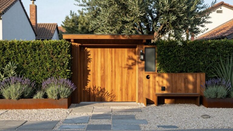 Wooden garden shed with lavender pots on gravel beside stone path and hedges