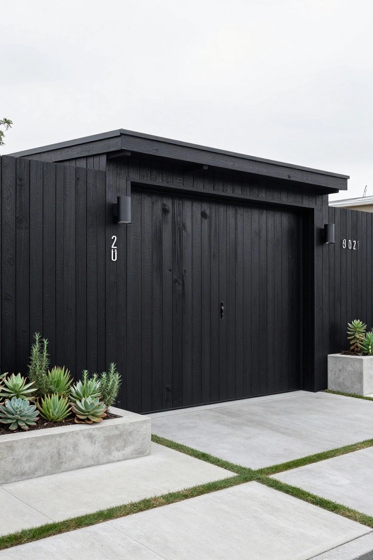 Modern black wooden garage with concrete succulent planters and driveway