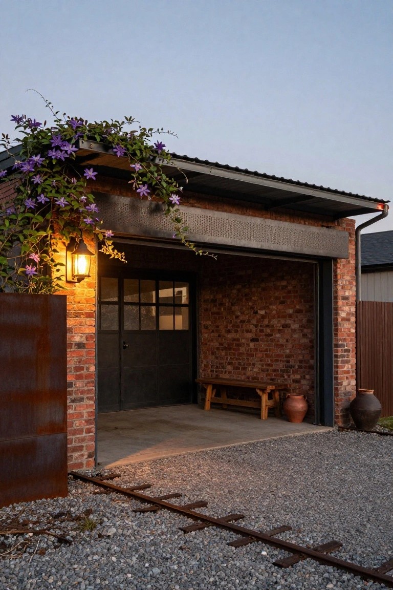 A brick detached garage with dark doors and purple flowering vines growing across the metal overhang above the entrance.