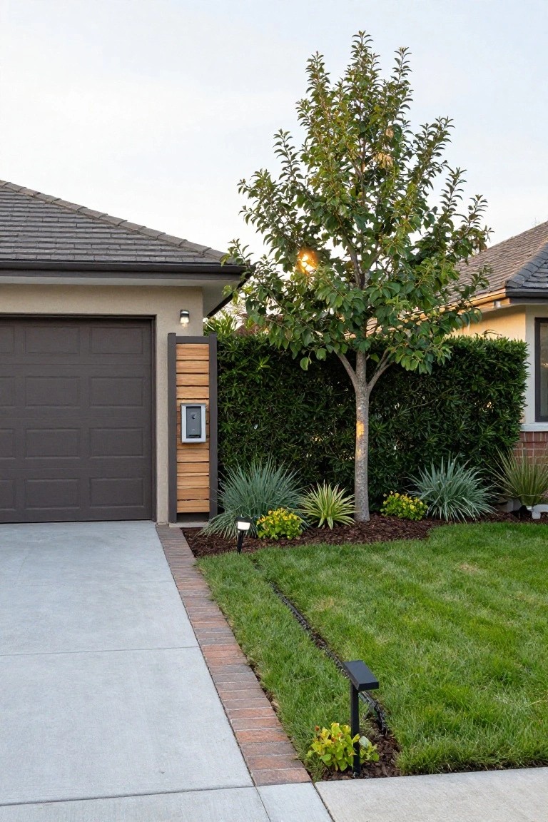 Suburban home with brown garage, tree, shrubs, brick edging, and green lawn
