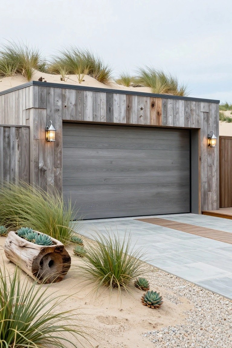 Weathered wood beach garage with gray door, lanterns, and coastal succulent garden