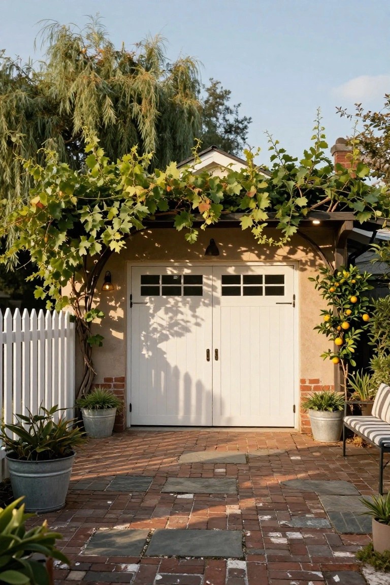 A white double garage door partially covered by green climbing vines on a stucco building with brick paving and potted plants in front.