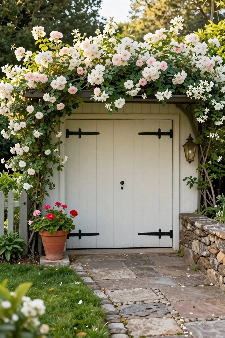 A white double garage door framed by an overhead structure covered in white and pale pink climbing roses, with a stone path leading to the doors and a terracotta pot of red flowers to one side.