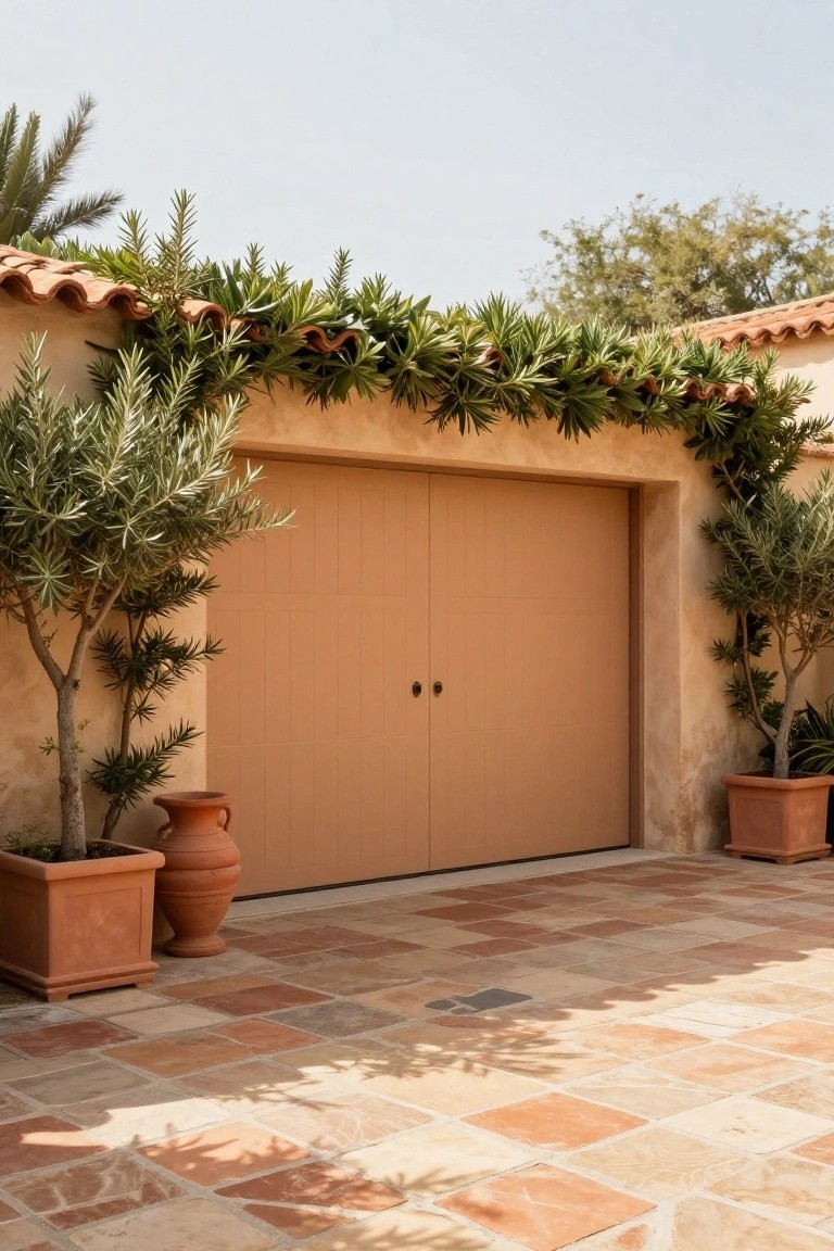 A terracotta garage door flush with a matching stucco wall, flanked by potted olive trees and topped with terracotta roof tiles.