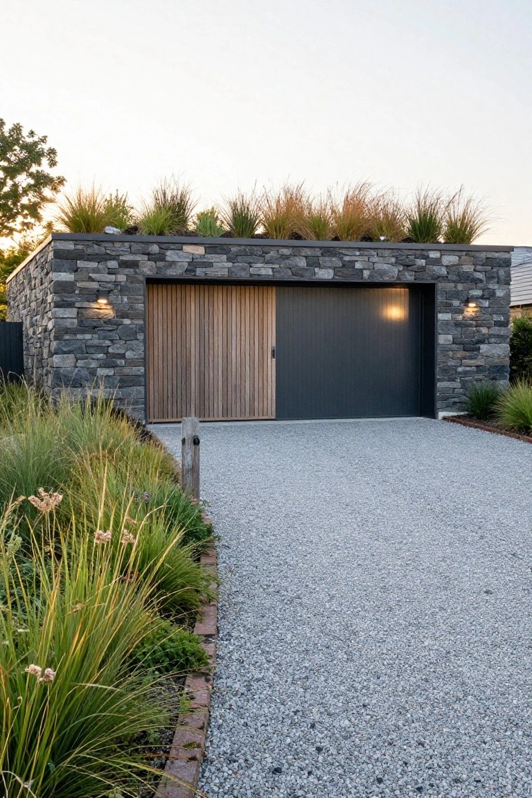 A stone garage with a planted green roof sits beside a gravel driveway, featuring a wood door on the left and a dark modern door on the right.