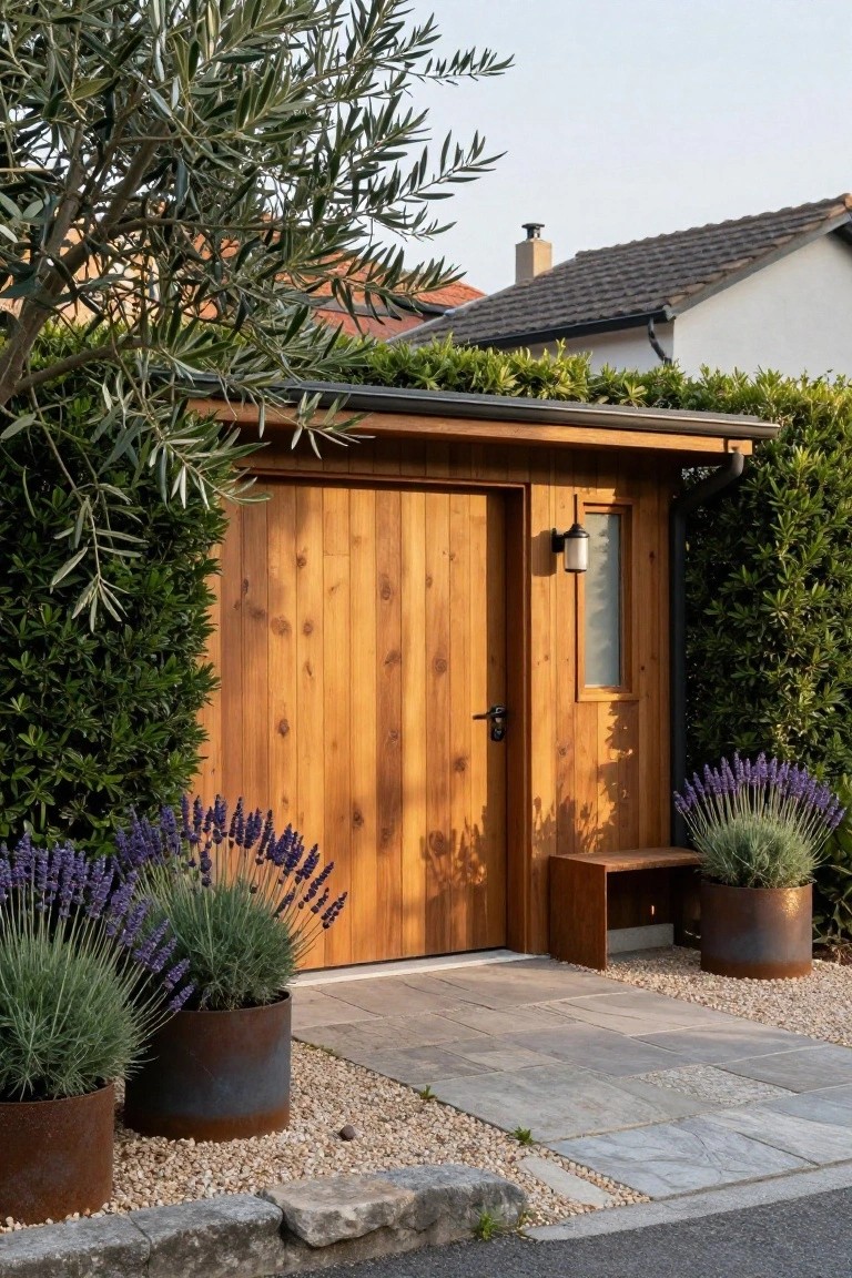 Wooden garden shed with lavender pots on gravel beside stone path and hedges
