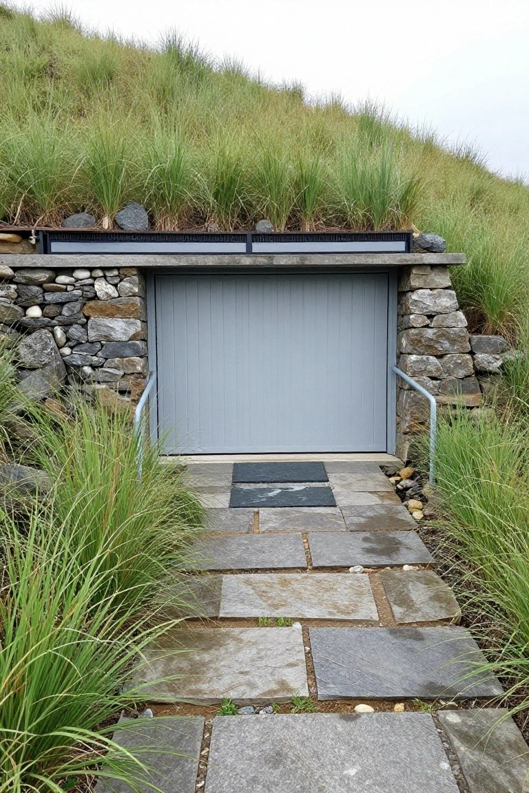 A gray garage door built into a stone retaining wall beneath a grassy hillside, with a stone pathway leading to the entrance.