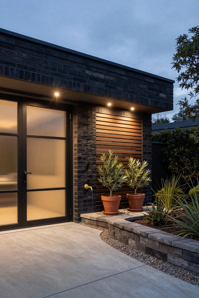 A contemporary garage facade shows a black-framed door with frosted glass next to a dark brick wall featuring a panel of horizontal wood slats, two potted plants on a low stone ledge, and recessed lighting above.