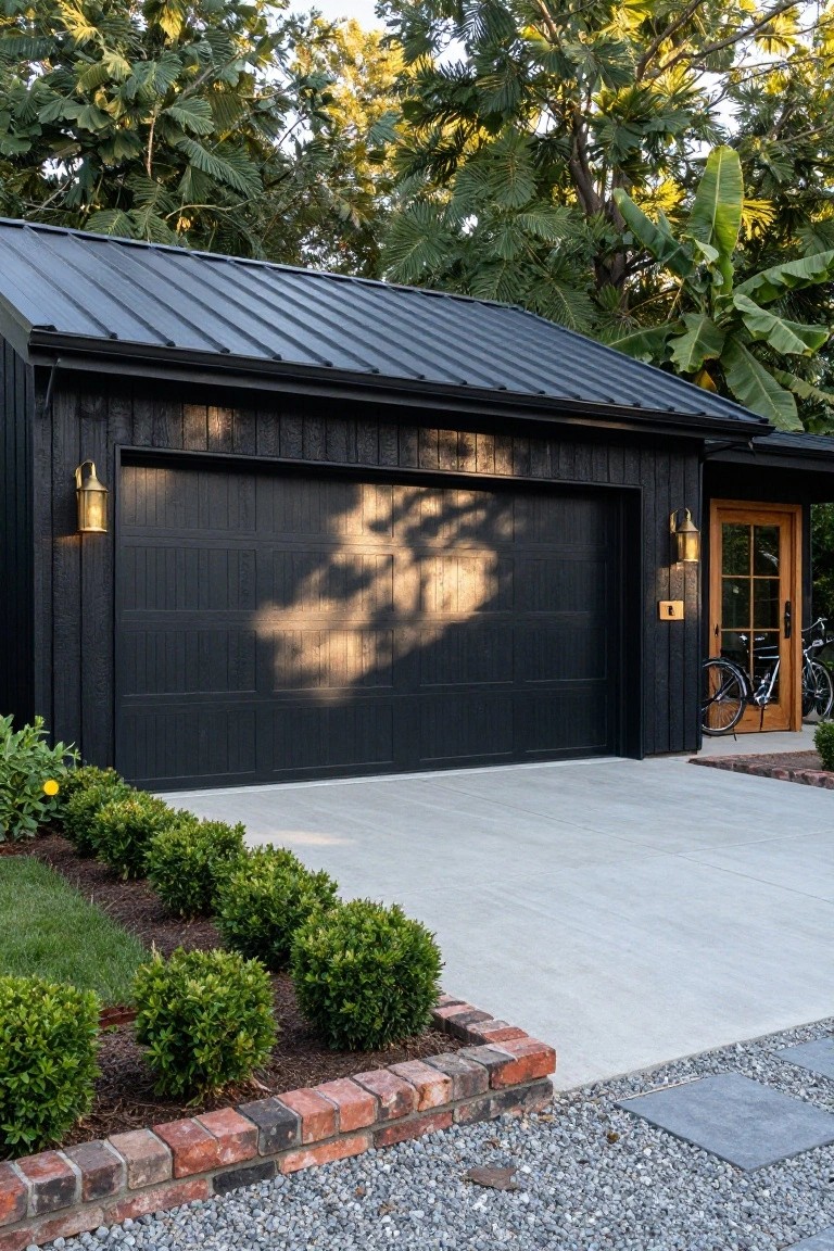 A black detached garage with a metal roof, large dark garage door, and wooden side door beside a concrete driveway.