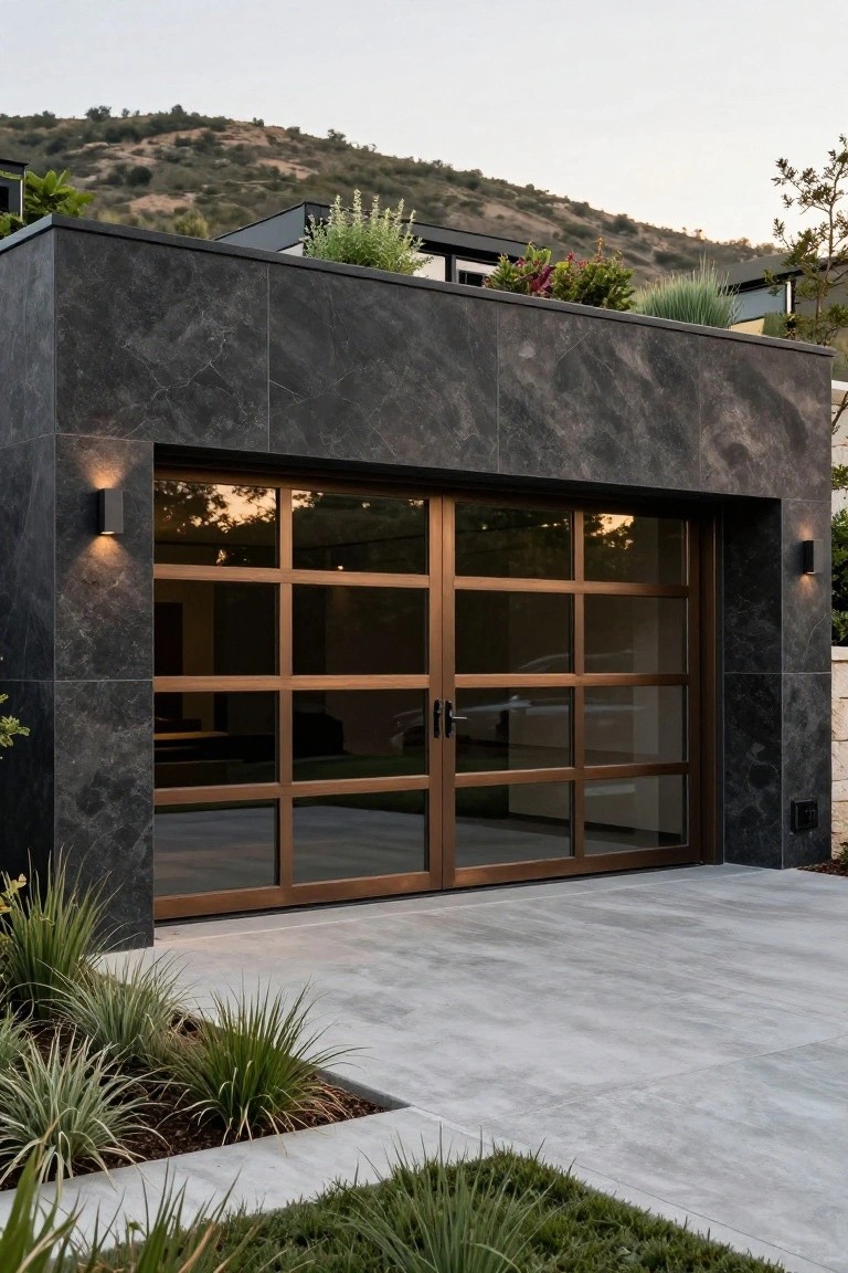 A contemporary detached garage clad in dark veined stone with large bronze-framed glass doors and wall sconces on either side.