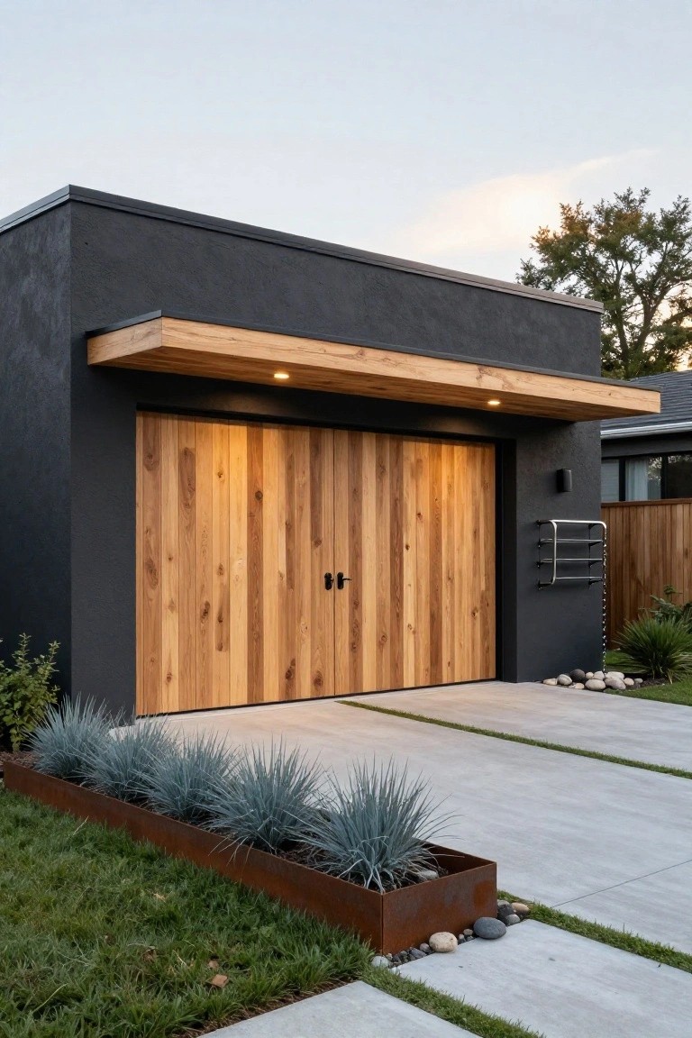 A modern detached garage with dark walls, horizontal wood double doors, and a wooden overhang above a concrete driveway.