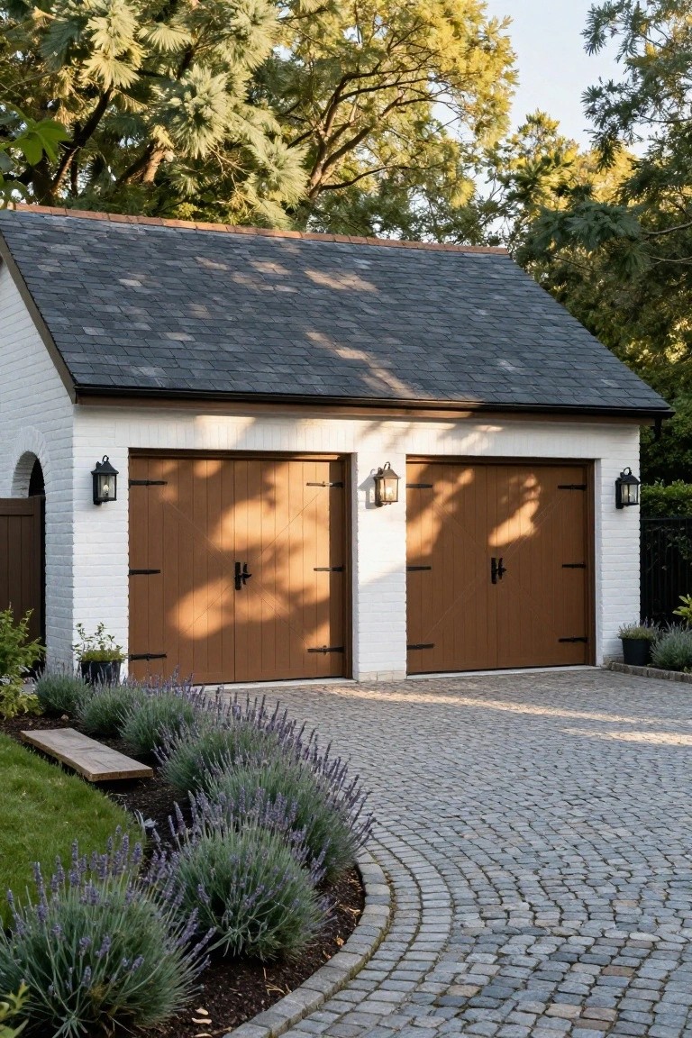 A white brick detached garage with two brown wooden double doors, a dark shingled roof, and a cobblestone driveway bordered by lavender plants.