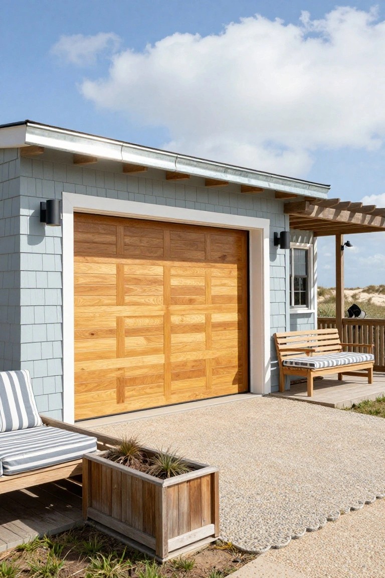 Modern beach house with light blue siding, wooden garage door, and porch bench