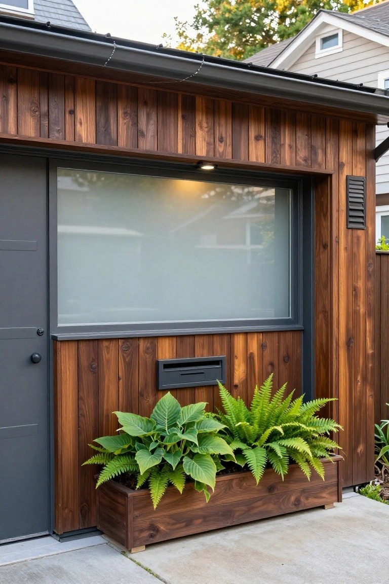 Modern wood house with frosted window, gray door, black mailbox, and fern-filled planter.
