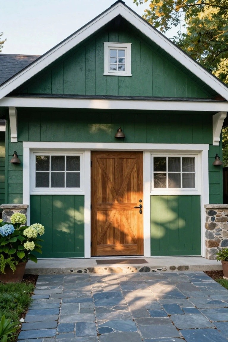 Green house with wooden door, white trim, windows, and stone walkway.