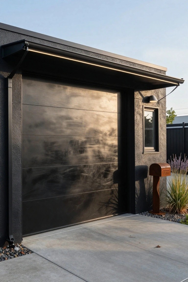 Dark metallic garage door on modern textured house wall with wooden mailbox