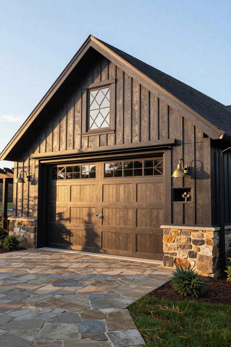 Dark wooden garage with stone base, gabled roof, and stone driveway.