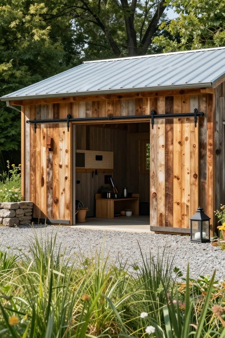 Rustic wooden shed with open sliding barn doors revealing workshop interior amid garden greenery.