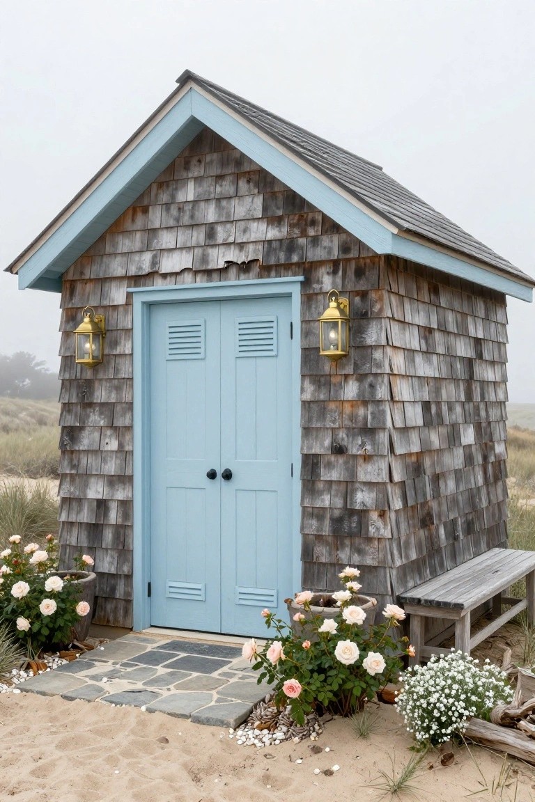 A small front-facing detached garage with gray weathered shingle siding, light blue double doors and trim, two wall lanterns, potted roses, and a stone path in front.