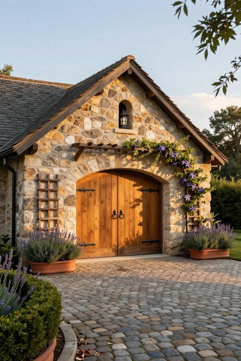 A front-facing stone garage with wooden double doors, a cobblestone driveway in front, and purple flowering vines climbing the right side of the facade.