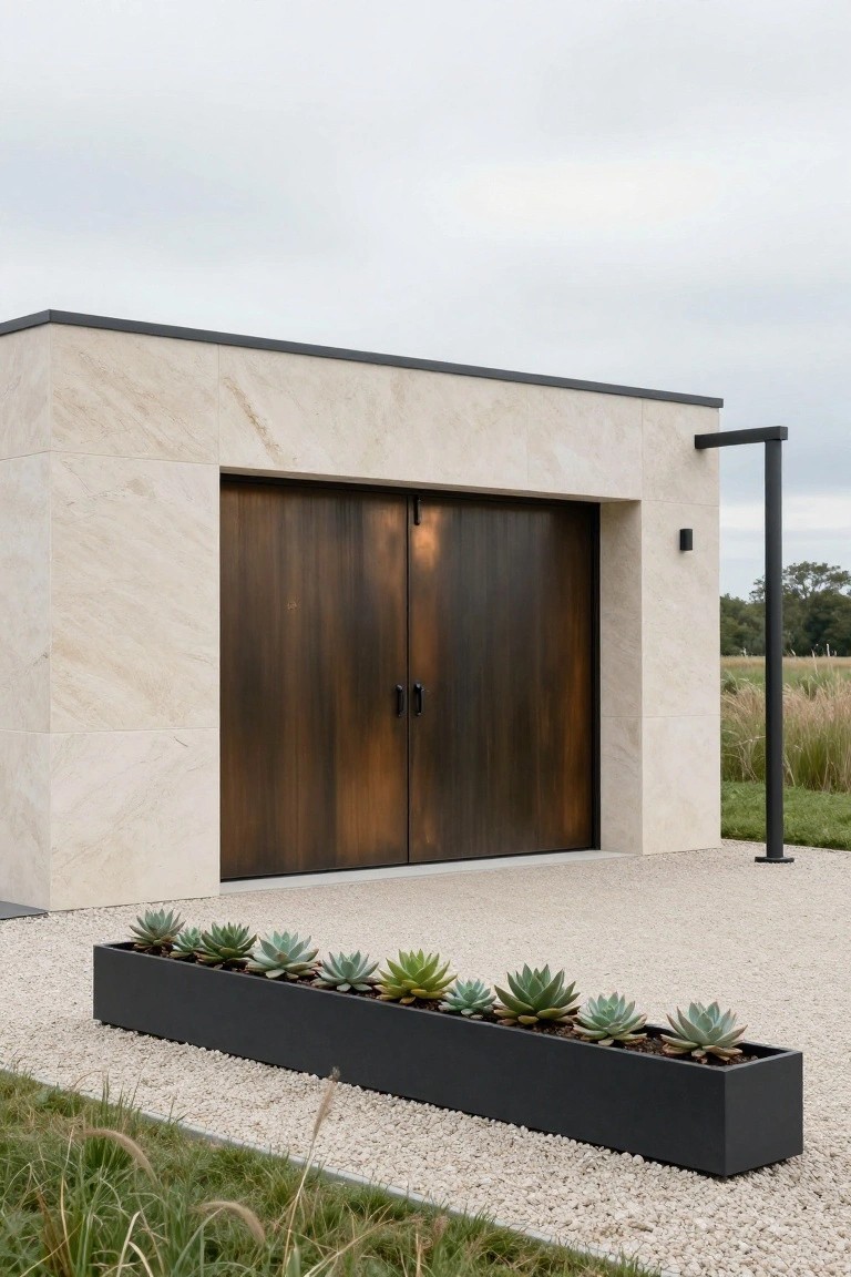 A modern garage structure with dark double doors set into a light stone facade, with a long black planter of succulents on gravel in front.