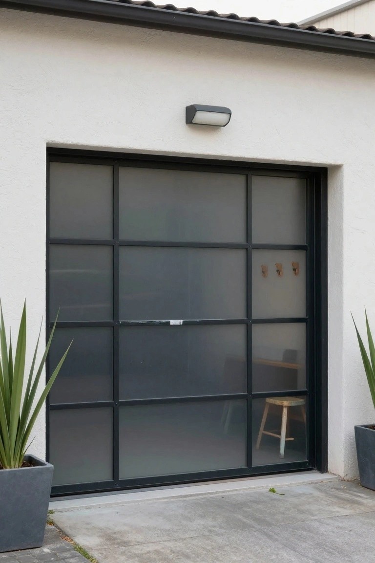 A modern house exterior with a large black-framed garage door made of frosted glass panels in a grid pattern, with two potted plants on either side.