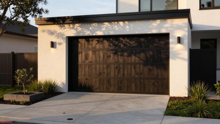 10 Modern Car Garage Design Ideas That Feel Clean and Architectural A modern house exterior with a vertical wood garage door set into a white wall with black trim, a concrete driveway, and some landscaping in the foreground.
