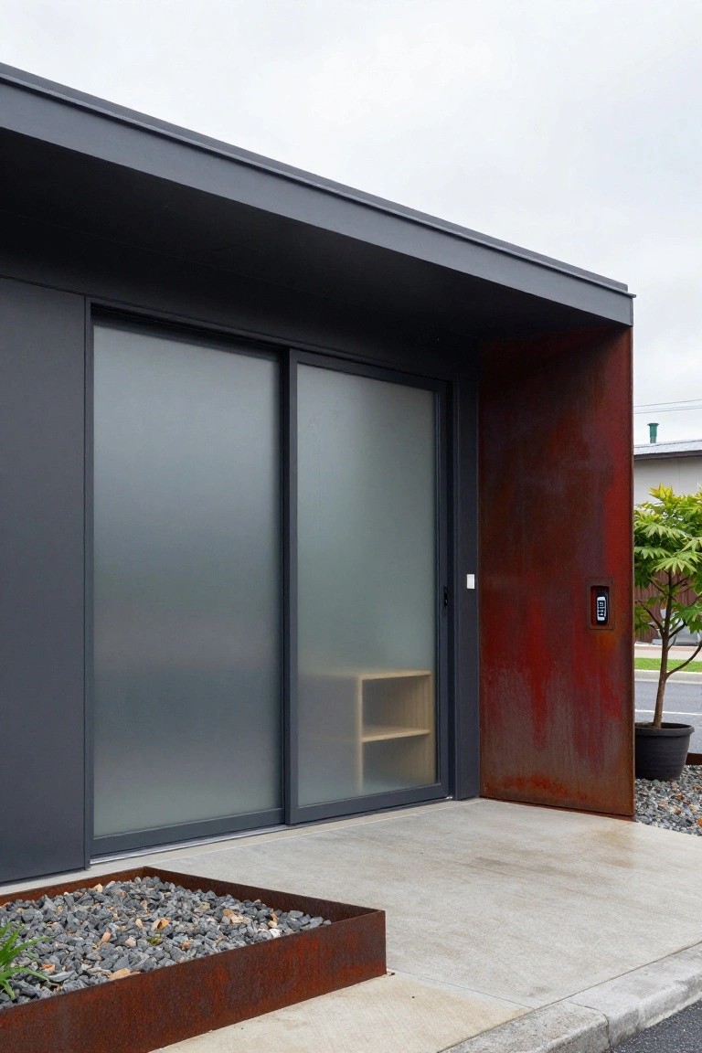 Modern house exterior showing large frosted sliding glass garage doors next to a rusted metal door, with gravel beds along the concrete driveway.