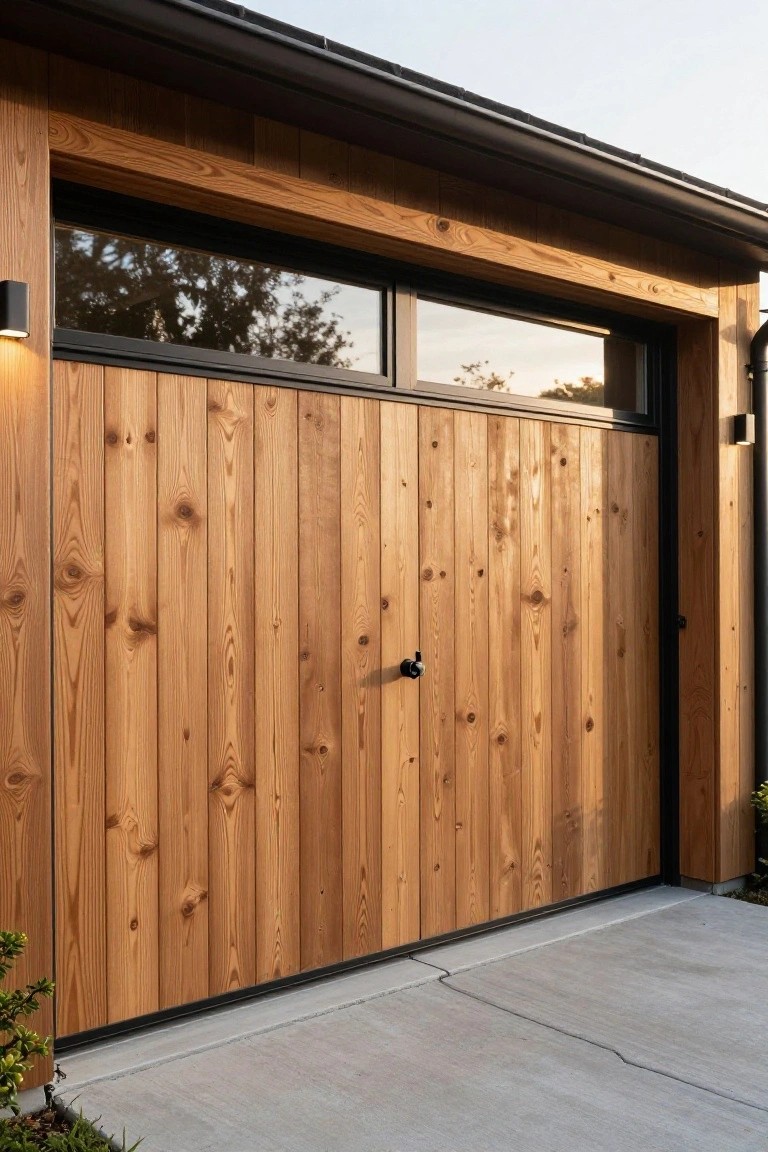 Modern wooden garage door with vertical planks, black trim, and transom windows.