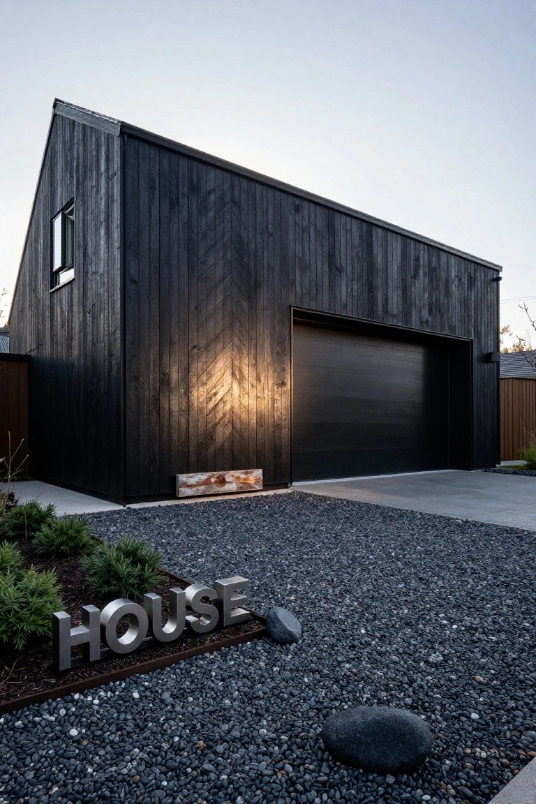 A modern dark wood house with vertical siding, a large integrated garage door, gravel ground cover, and a metal HOUSE sign in the foreground.