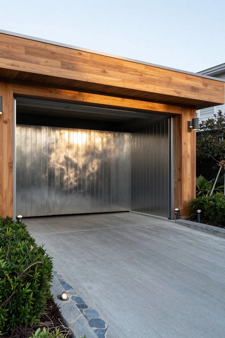 Modern garage exterior featuring horizontal wood cladding and beams framing a vertical metal roll-up door above a concrete driveway.