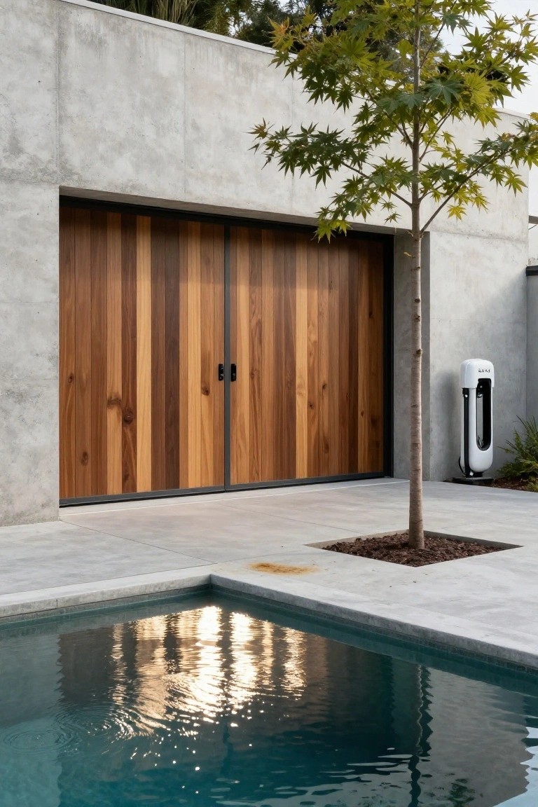 Modern concrete house exterior with vertical wood slat garage doors beside a swimming pool and a small tree.