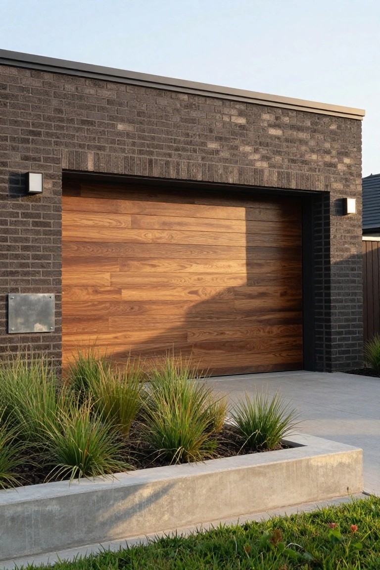 A modern house exterior with a dark brick facade and a large horizontal wood panel garage door, flanked by two wall sconces and a concrete planter with ornamental grass in front.