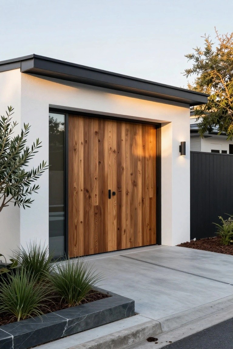 A modern house exterior with a vertical wood garage door set into a white wall with black trim, a concrete driveway, and some landscaping in the foreground.