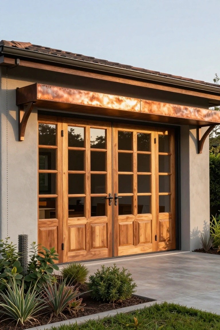 A modern garage entrance with double wooden doors that have multiple glass panes, installed beneath a copper-toned metal overhang on a concrete building.