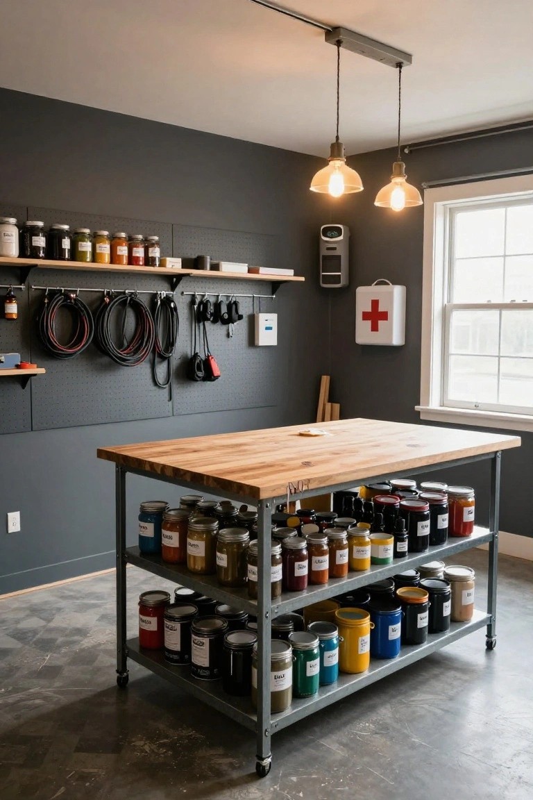 Interior of a garage showing a large rolling metal table with a wooden top and multiple shelves filled with labeled jars, set against a pegboard wall with hanging tools and hoses.