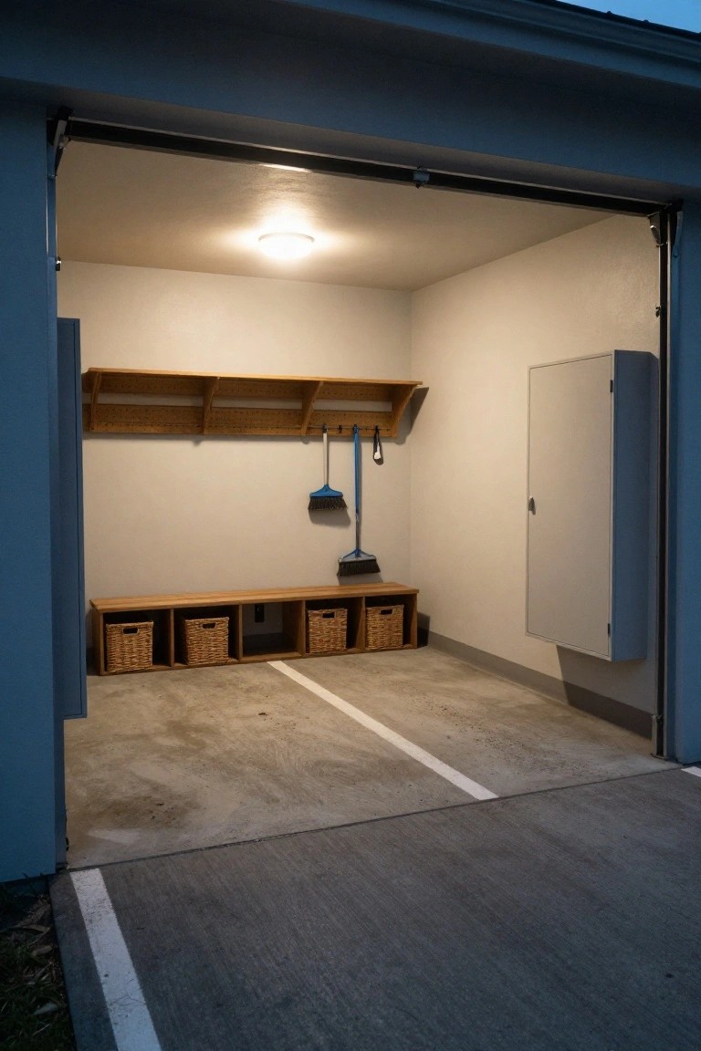 Open garage with wooden bench, wicker baskets, hanging brooms, and white cabinet.