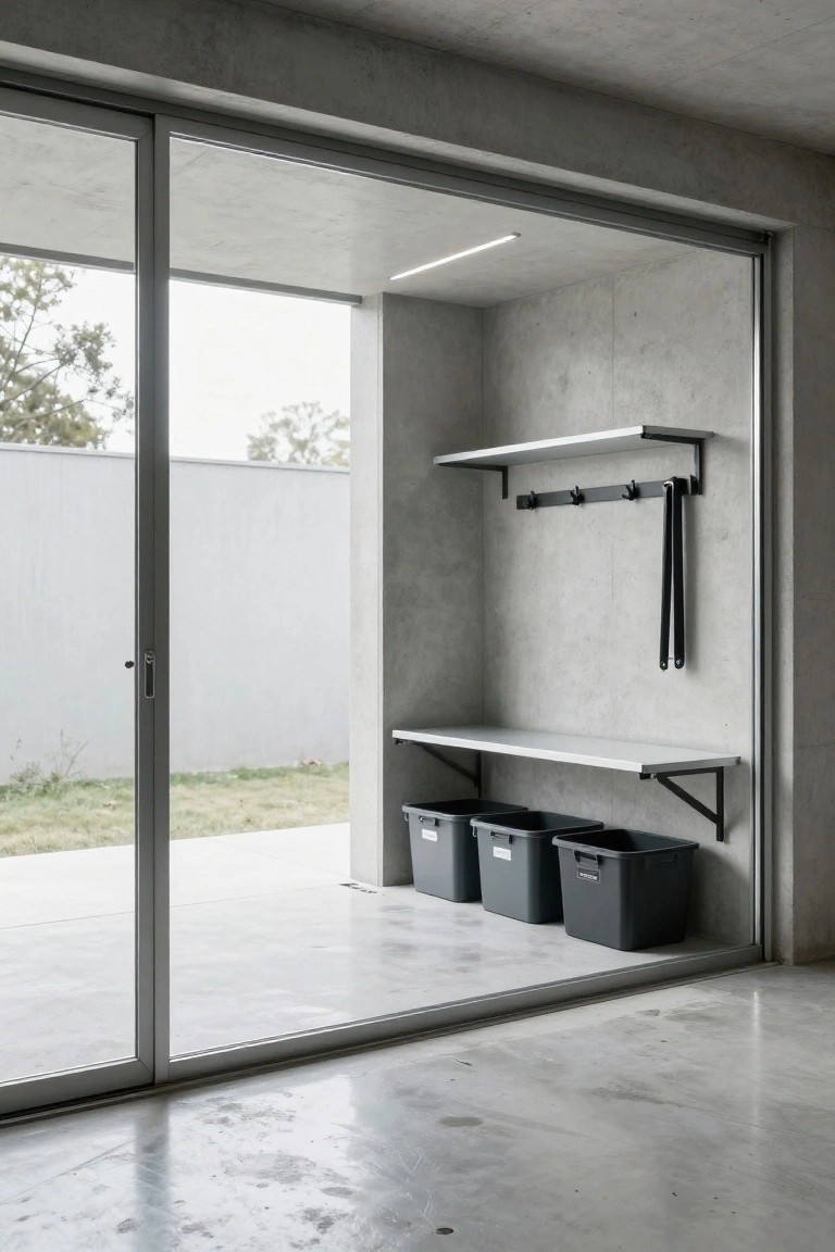 Minimalist concrete room with wall shelves, hooks, black bins, and sliding glass doors